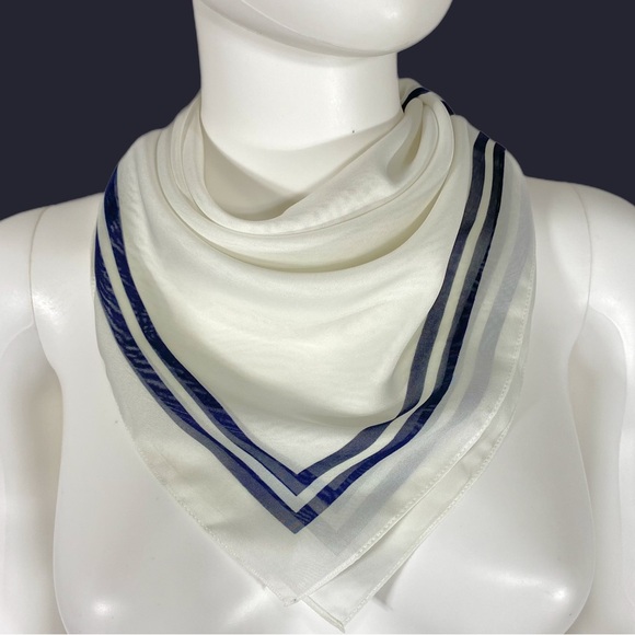 Echo Square Sheer White Scarf w/ Navy Blue Twin Borders - Picture 1 of 6